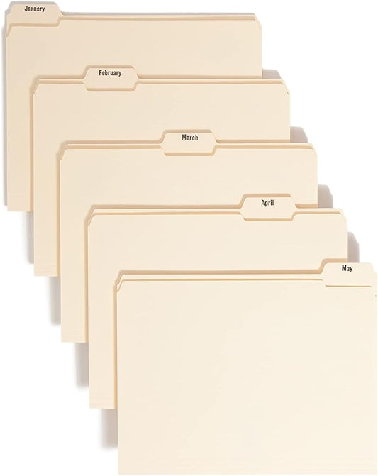 Smead Indexed File Folders, 1/5-Cut Tab, Assorted Positions, Indexed, Letter Size, Manila (Jan-Dec)