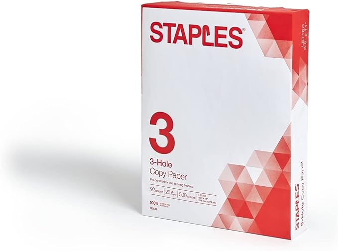 Staples 8.5-Inch X 11-Inch Copy Paper 20 Lbs. 92 Brightness 500/Ream, For Office, School & Home