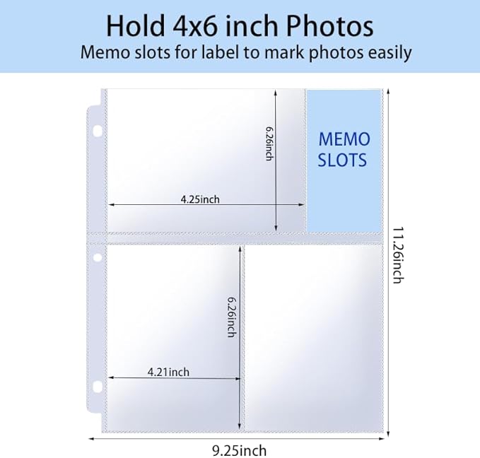 4x6 Photo Sleeves Clear for 3 Ring Binder (240 Pictures), Heavy Duty Plastic Album Refill Pages, Postcards Page Protectors 40 Pack