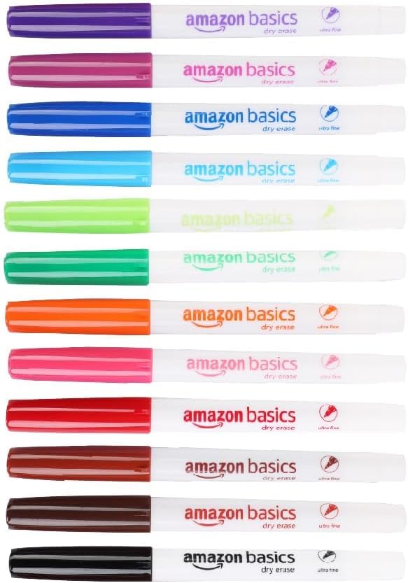 Amazon Basics Low Odor Ultra Fine Tip Dry Erase Whiteboard Markers for Precise Writing, Thin Lines, Assorted Colors, 12-Pack