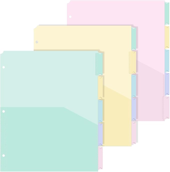 3 Sets 5 Tab Binder Dividers with Pockets for 3 Ring Plastic Binders 9.3 x 11.2 Inches 3 Hole Punched Page Dividers Sturdy Colorful Divider for Office School Business Home Organizer (Pastel Color)
