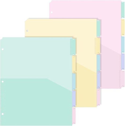 3 Sets 5 Tab Binder Dividers with Pockets for 3 Ring Plastic Binders 9.3 x 11.2 Inches 3 Hole Punched Page Dividers Sturdy Colorful Divider for Office School Business Home Organizer (Pastel Color)