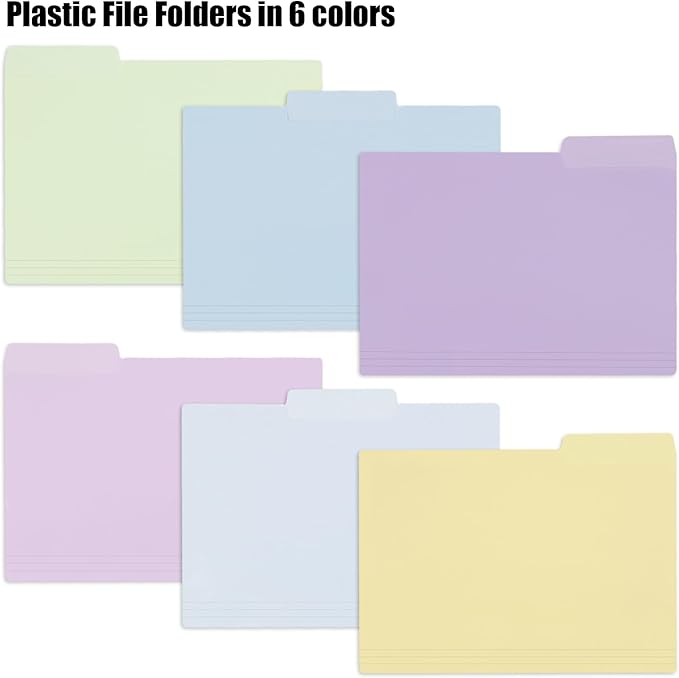 EOOUT 30pcs Plastic File Folders, 9'' x 11.6'' Manilla Folders, 3 Tab Colored File Folder, 6 Colors with 40pcs Erasable Category Labels for School and Office Supplies