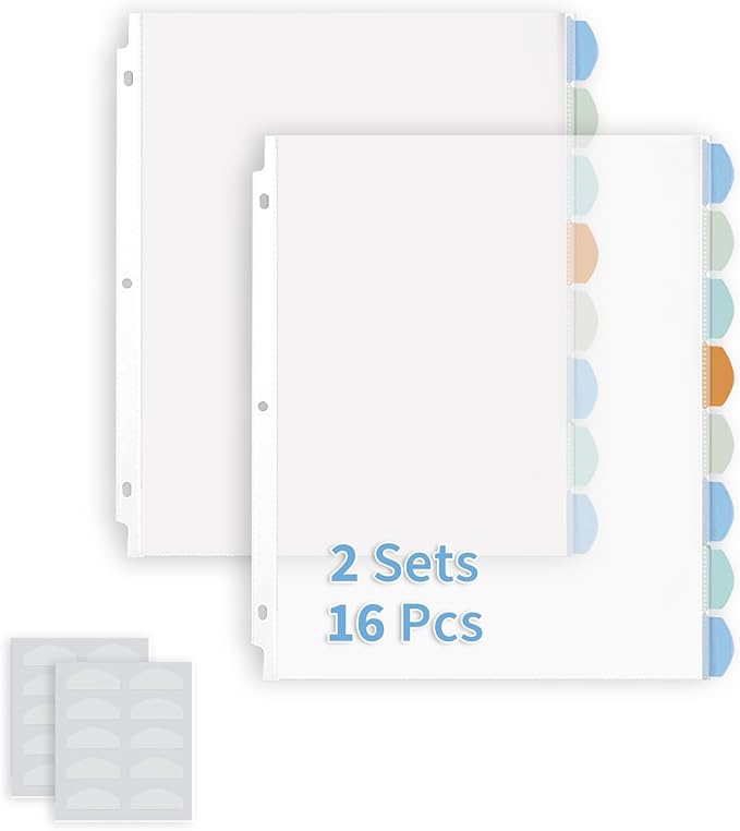 Binditek 16 Pack Heavyduty Clear Sheet Protectors with 8 Tabs, 45 Sheets Capacity, 8.5 x 11 inch Plastic Dividers for 3 Ring Binder, Insertable Index Divider, Letter Size, 2 Set, Label Sticker