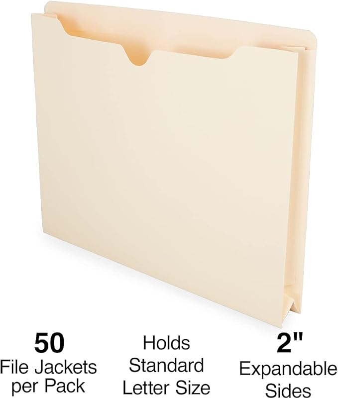 Staples Jacket File Folders, Letter Size, Manila, 2‑Inch Expandable Sides, Heavy‑Duty Construction – 50/Pack