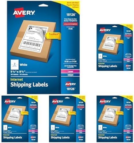 Avery Half-Sheet Printable Shipping Labels, 5.5" x 8.5" Customizable Stickers, White, 20 Blank Mailing Labels, Great for Mailing, Shipping, Organizing, and More (18126) (Pack of 5)
