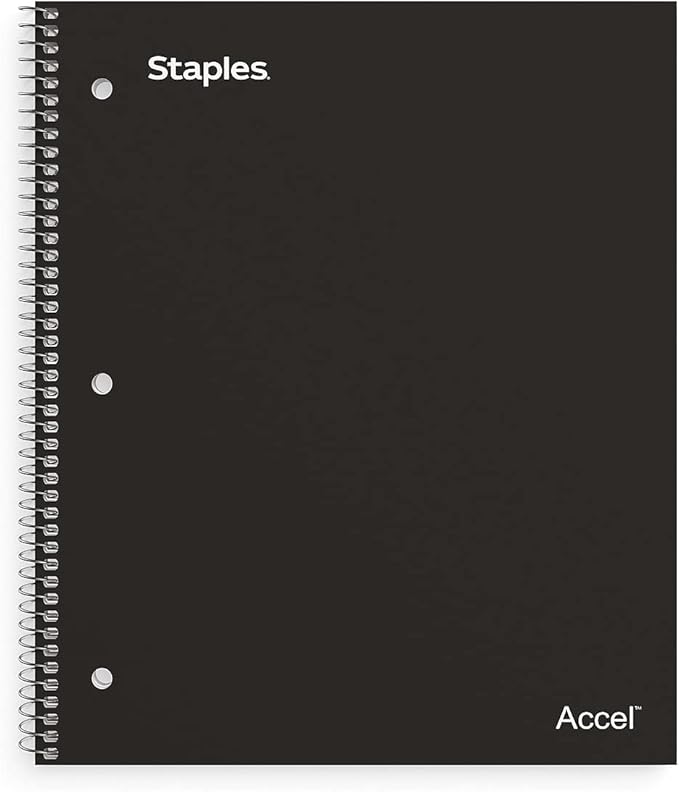 STAPLES Accel 1‑Subject Notebook, 8.5” x 11”, College Ruled, 100 Sheets, Black