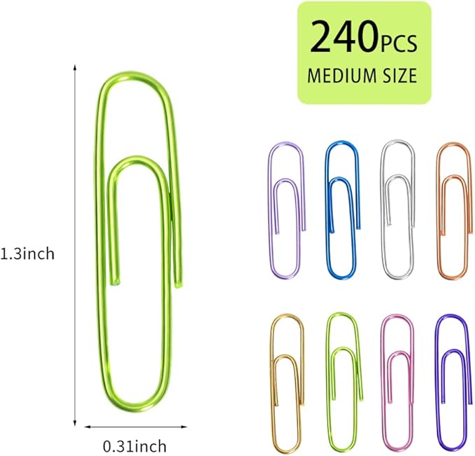 Paper Clips, 240pcs Medium Size Colored, PaperClips Assorted Colors, Paper Clips for Paperwork Office School and Personal Use