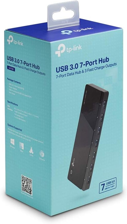 TP-Link [2nd Gen] TP-Link 7-Port USB 3.0 Ultra Slim Hub Including 3 BC 1.2 Charging Ports up to 5V / 1.5A. Compatible with Windows, Mac, Chrome & Linux OS, with Power On/Off Button (UH700)