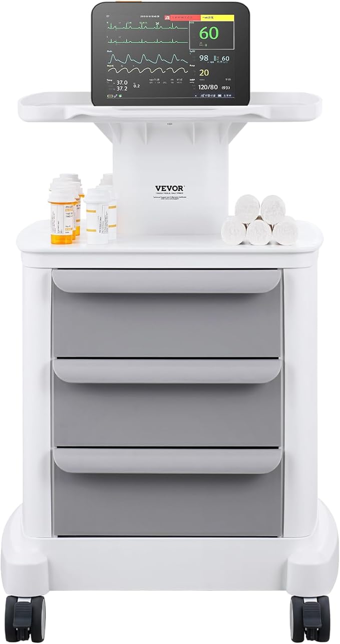 VEVOR 4 Tiers Lab Carts, Lab Utility Cart with 3 Drawers & 1 Top Tray, Mobile Medical Cart with ABS Material, Lab Rolling Cart with 4 Silent Wheels for Lab, Clinic, Hospital, Salon, White