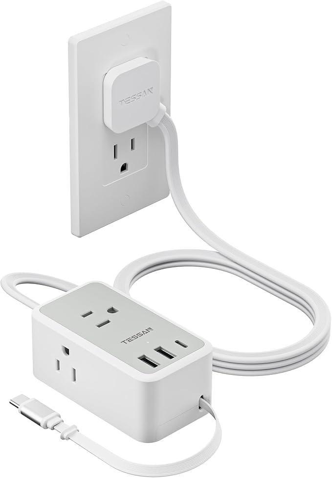 TESSAN Small Flat Plug Power Strip with 1 PD20W Retractable USB C Cable, Ultra Thin Extension Cord with 3 AC Outlets 3 USB Ports, 5 ft Slim Plug for Cruise Ship Travel, Dorm, Home Office