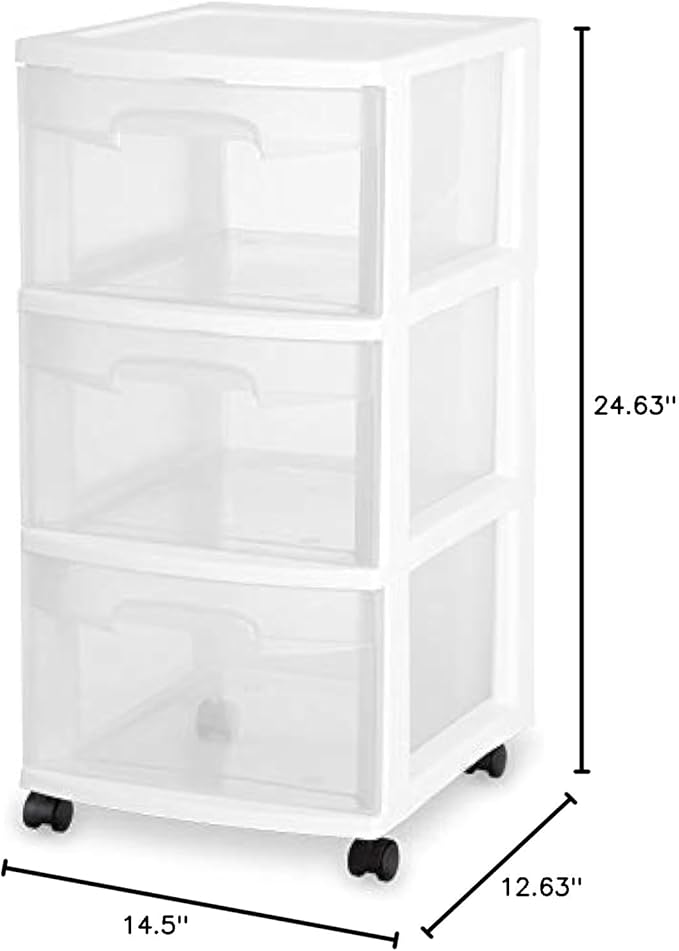 Sterilite 28308001K 3-Drawer Rolling Caster Wheel Home Organizer Storage Cart with Durable Plastic Frame, Clear Drawers, White
