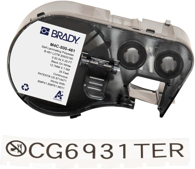 Brady Self-Laminating Polyester Label Tape for Label Printer BMP41/BMP51/BMP53/M511 - Self Adhesive Printer Labels - Black on White (12,70 mm (W) x 7,62 m (L)) - M4C-500-461