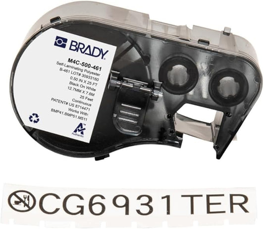 Brady Self-Laminating Polyester Label Tape for Label Printer BMP41/BMP51/BMP53/M511 - Self Adhesive Printer Labels - Black on White (12,70 mm (W) x 7,62 m (L)) - M4C-500-461