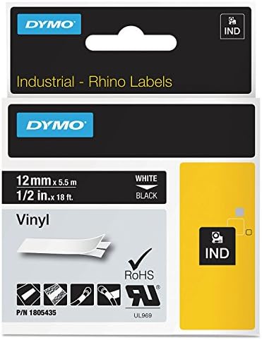 Rhino Permanent Vinyl Industrial Label Tape, 1/2" x 18 ft, Black/White Print