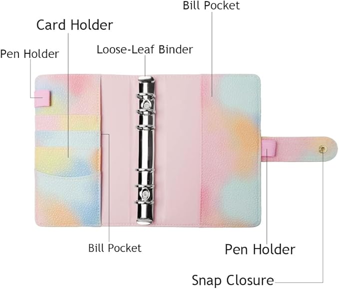 Pink PU Leather Budget Binder Cover, for A6 6-Ring Money Organizer Budgeting Refillable Loose Leaf Receipt Binder Notebook Bookmark Planner Book with Card Pockets Snap Buckle