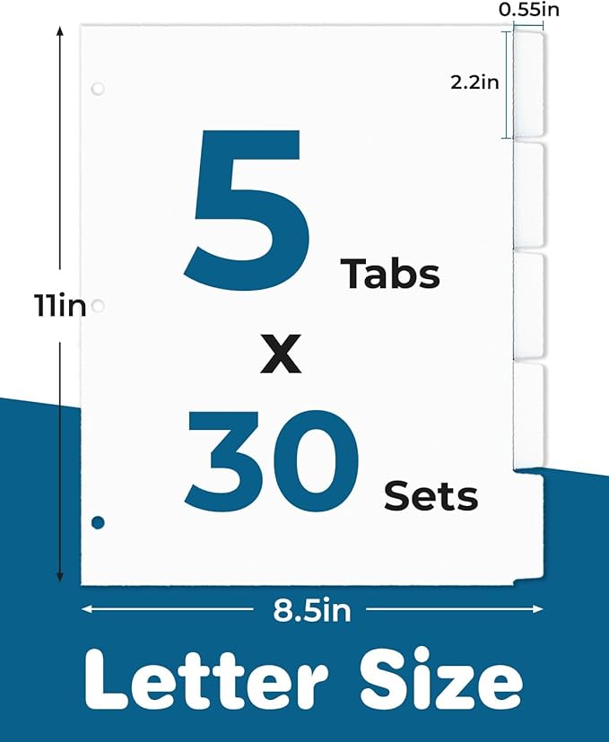 Dynta Binder Dividers for 3 Ring Binder 30 Sets, 1/5 Cut Tabs, Letter Size, White Binder Dividers Blank for School, Office and Home