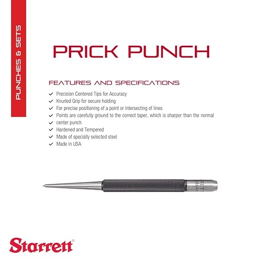 Starrett Steel Prick Punch with Knurled Grip for Precise Positioning and Secure Holding - Hardened and Tempered Steel, 4" Length, 5/64" Diameter Tapered - 816A