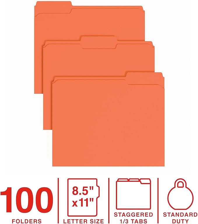 Staples Colored File Folders, Letter Size, 1/3‑Cut Tabs, Orange, Durable Paper Stock, 100/Pack