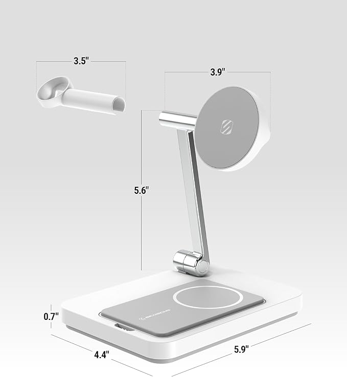 Scosche MSQSPBWT Wireless Charging Station with Removable 5,000mAh Fast USB-C Portable Power Bank for MagSafe iPhone 16/15/14/13/12/AirPods Pro with Apple Watch Charger Stand (Watch Charger Not Incl.)