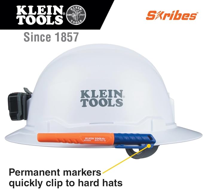 KLEIN TOOLS 861914 Skribes Fine Tip Permanent Markers, Assorted Colors, Hard Hat Clip, Multi-Surface Jobsite Marker for Wet, Dry and Oily Surfaces, 4-Pack