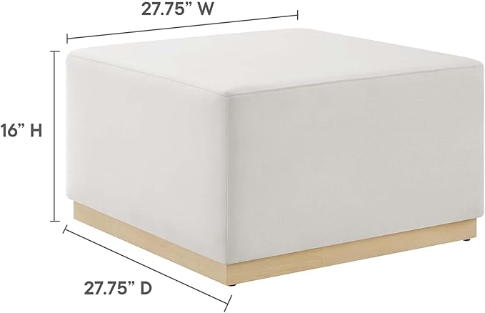 Modway Tilden 28 Inch Square Performance Velvet Upholstered Ottoman in Alabaster Natural - Large Ottoman Foot Rest with Rubberwood Plinth Base, Living Room Ottoman Coffee Table - Velvet Ottoman Table