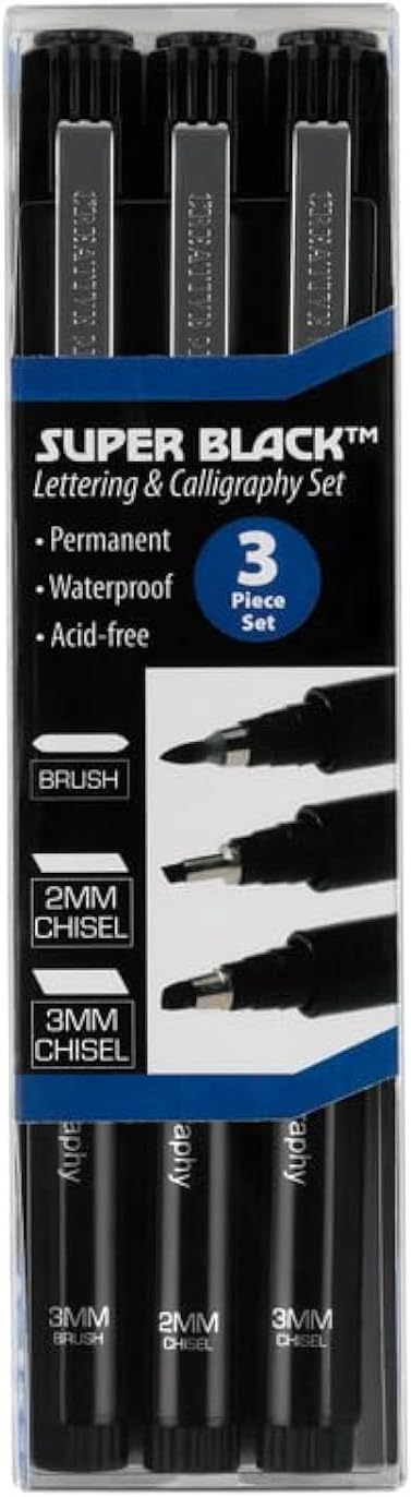 Creative Mark Calligraphy & Fineliner Pen Set of 3 Lettering & Calligraphy Drawing - Super Black, Permanent, Waterproof, & Acid-Free Chisel Nylon-Nibs Pens & Medium Brush Tip