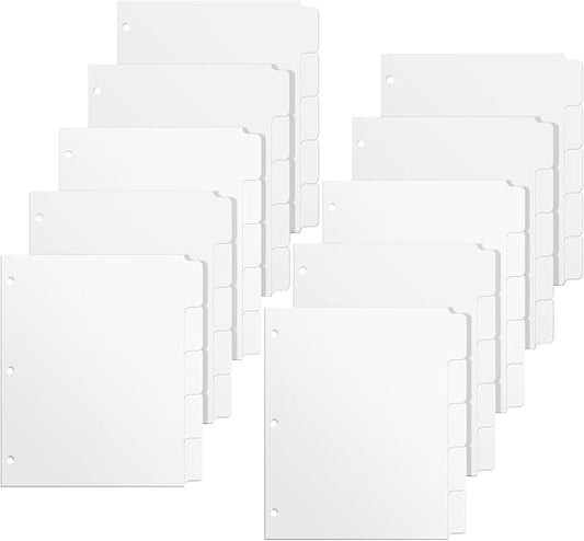 3 Ring Binder Dividers with 5 Tabs, Write & Erase Plastic Binder Dividers Durable 3 Hole Punch Dividers Letter-Size 1/5 Cut Big Tabs Dividers, 10 Set, 50 Dividers Total
