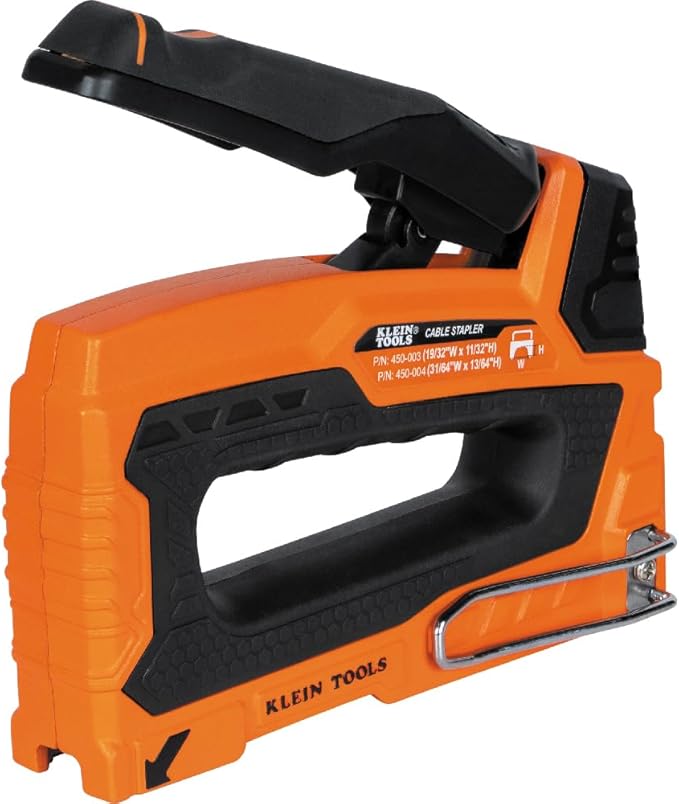 Klein Tools 45001 Heavy Duty Staple Gun, Loose Cable Stapler for Voice and Data Cable, Fits 13/64-Inch to 19/32-Inch Insulated Staples