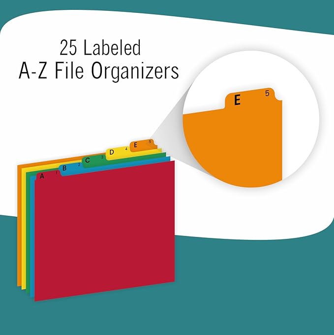 EXTRIC Alphabetical File Organizer, 25 Alphabet Dividers with Tabs for File Cabinet and Desk Organization Standard Letter Size A-Z Filing Dividers, 5 Assorted Colors with 1/5 Cut Tab Positions