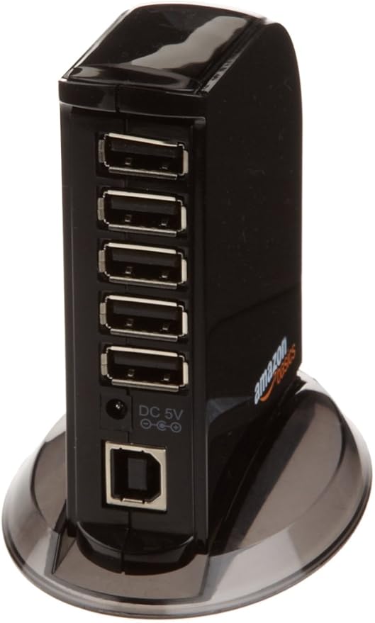 Amazon Basics 7 Port USB 2.0 Hub Tower with 5V/4A Power Adapter, Plug and Play, Charging Ports, Black