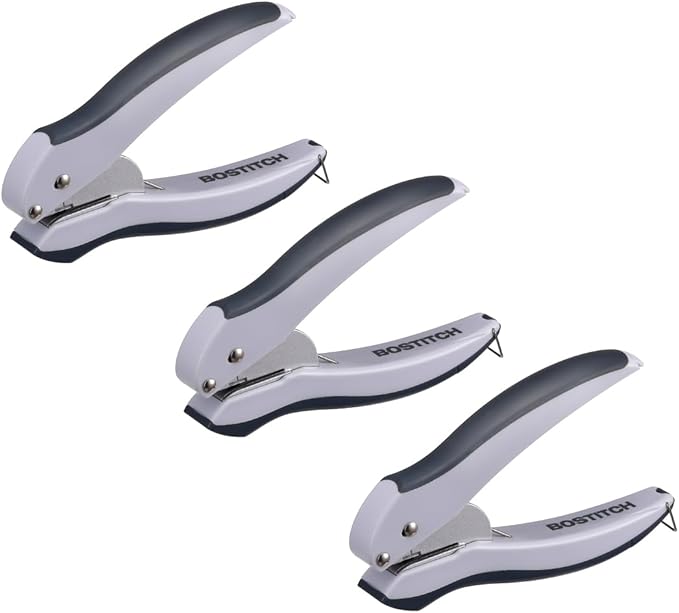 Bostitch Office EZ Squeeze One-Hole Punch, 10 Sheet Capacity, Lightweight, Gray/Blue, Pack of 3