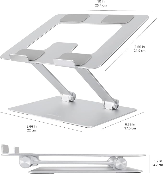 Amazon Basics Sturdy and Portable Ergonomic Laptop Stand for Desk,Height Adjustable Riser with Ventilated Cooling,Foldable,Fits All Laptops up to 17.3 Inch,Silver,10 x 8.7 x 6 in,(Pack of 12)