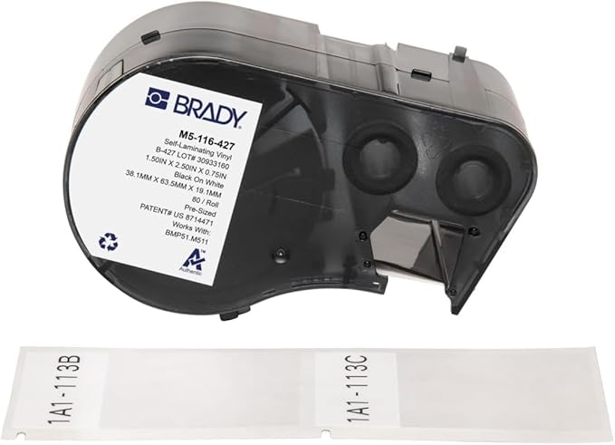 Brady Authentic (M5-116-427) Self-Laminating Vinyl Wrap Around Labels 2.5" H x 1.5" W Black on White, Clear, 80 Labels. for use with The BMP51 and M511 Label Printers