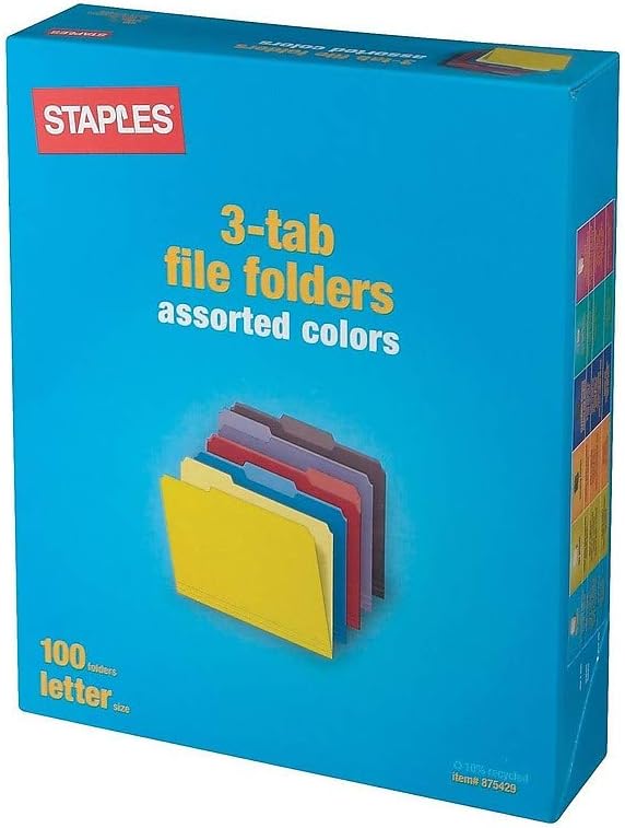 Staples Colored File Folders, Letter Size, 3‑Tab Top‑Tab Design, Durable 10.5‑Point Paper Stock, 100/Pack