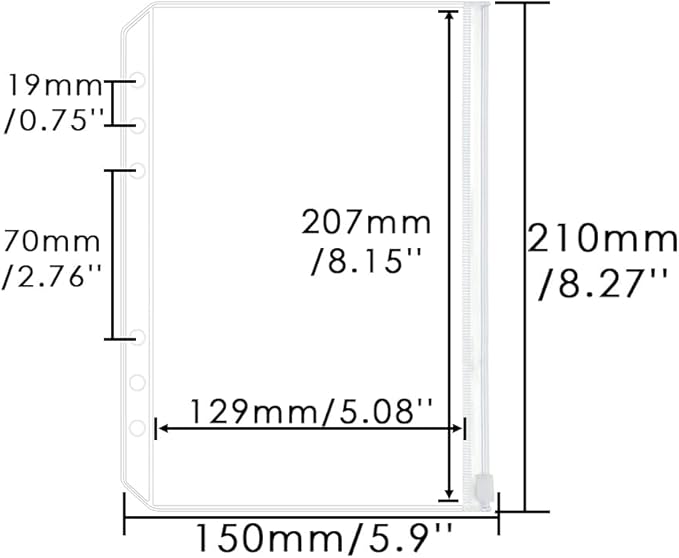 12PCS A5 Clear Zipper Binder Pockets with 6 Holes for Journal & Budget Filing