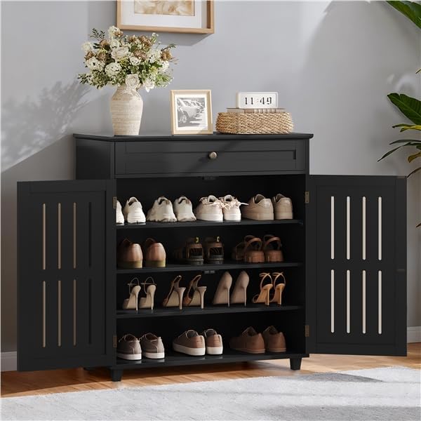 Yaheetech Shoe Cabinet, 4-Tier Shoe Storage Cabinet with Drawer & Adjustable Shelves, Wooden Shoe Rack Organizer with Louvered Doors for Entryway, Hallway, Closet, Living Room, Black