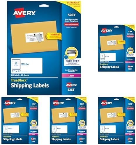 Avery Printable Shipping Labels with Sure Feed,2" x 4" Customizable Stickers,White,250 Blank Mailing Labels,Great for Mailing,Shipping,and More (5263),(Pack of 5)