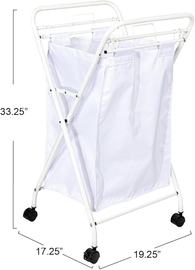 Household Essentials Rolling Laundry Hamper, Heavy Duty Canvas Bag, 2 Load Capacity, Foldable Frame, White Bag with Velcro Fasteners, White