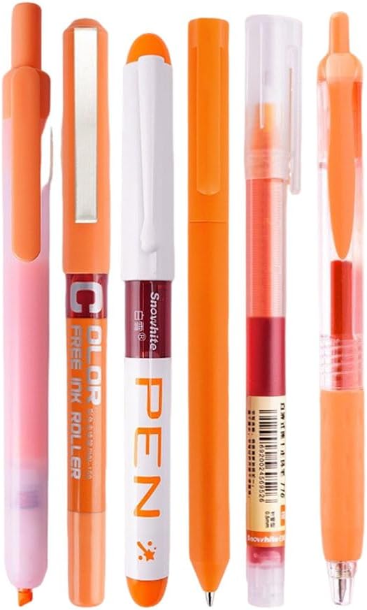 Orange and Black Ink Gel Pens Set with Journaling Highlighter, Fine Point 0.5mm Cute Colorful Gel Ink Pens for Office School, Note Taking, 5 Orange Ink, 1 Black Ink