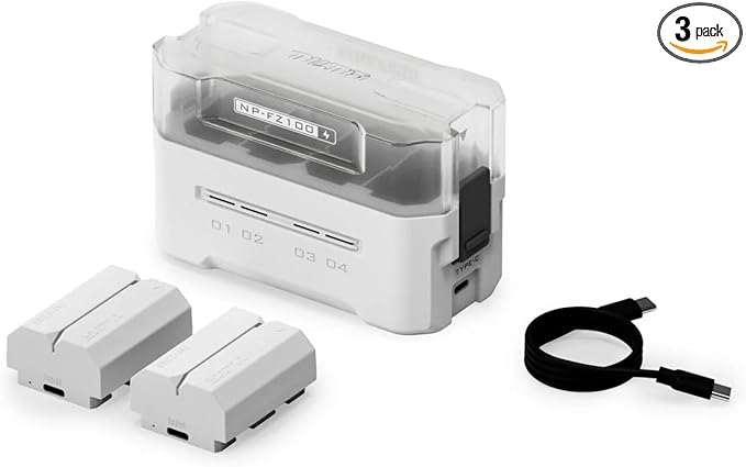 Tilta NP-FZ100 Charging Station Battery Kit, 4-Slot 45W PD USB-C Fast Charger | Compatible with Sony NP-FZ100 Batteries | Portable EDC Travel Charger, 2 Batteries - Off White