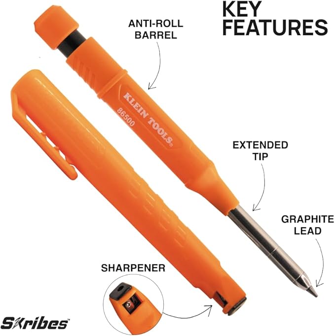 KLEIN TOOLS 80188 Skribes 2.8 mm Mechanical Carpenter Pencil with Built-In Sharpener and 10-Pack Graphite Lead Refills, for Deep Hole Marking for Woodworking and Construction
