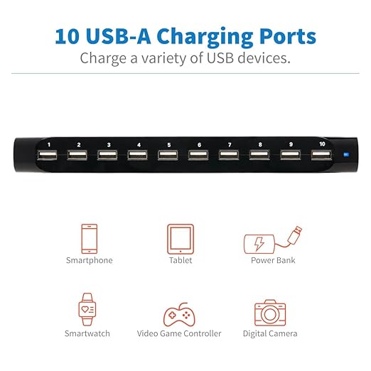 Eaton Tripp Lite Series USB Charging Station for Multiple Devices, 10-Port Portable Multi USB Device Dock with Storage Slots for Phone Apple iPhone Tablet iPad & Laptops, 2.4A Per Port (U280-010-ST)