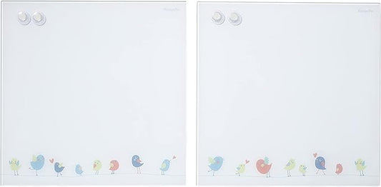 ECR4Kids MessageStor Magnetic Dry-Erase Glass Board with Magnets, 17.5in x 17.5in, Wall-Mounted Whiteboard, Birds, 2-Pack