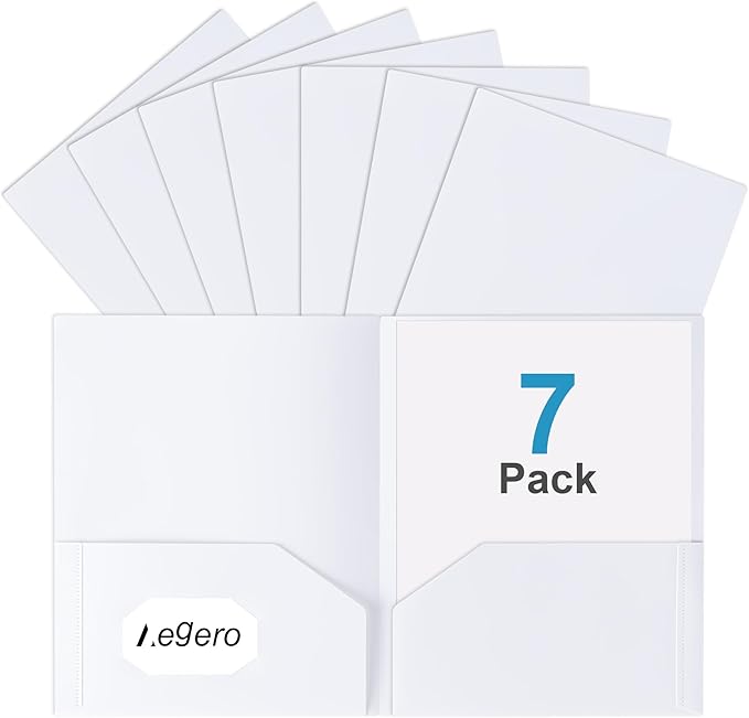 Plastic Folders with Pockets (7 Pack, Officewhite), Durable Heavy Duty File Folders with Business Card Slot, 2-Pocket Folder for Schoolwork & Office,Letter Size
