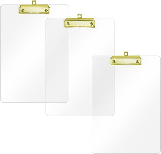 Honagu Acrylic Clear Clipboards, 8.5x11 Plastic Clipboard with Gold Strong Clip Hidden Hanging Hole, A4 Letter Size Clipboards for Nurses Doctors, Art Student, Teachers,School & Office Supplies, 3PC