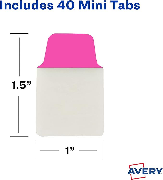 Avery Mini Ultra Tabs, 1" x 1.5", 2-Side Writable, Assorted Neon Colors, 40 Repositionable Tabs (74759)