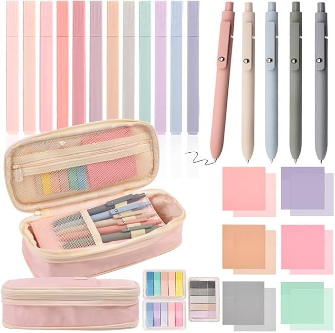 Aesthetic School Supplies with Pencil Pouch - 27Pcs Cute College Essentials Set, Big Capacity Pen Case, Pastel Highlighters, Bible Study Journaling Stationary, Annotation Kit Stuff Gift for Girls Teen
