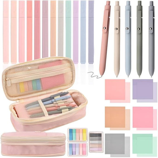 Aesthetic School Supplies with Pencil Pouch - 27Pcs Cute College Essentials Set, Big Capacity Pen Case, Pastel Highlighters, Bible Study Journaling Stationary, Annotation Kit Stuff Gift for Girls Teen