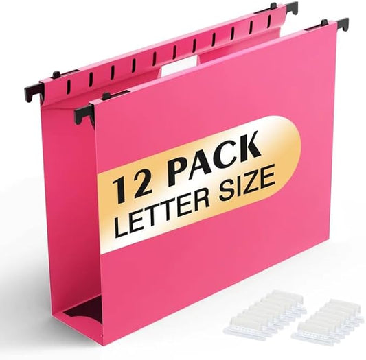 Extra Capacity Plastic Hanging File Folders,12 Pack Reinforced Hang Folders,Heavy Duty 2 Inch Expansion,Plastic Filing Cabinet Folders,Letter Size,Designed for Bulk Files, Medical Charts,Pink
